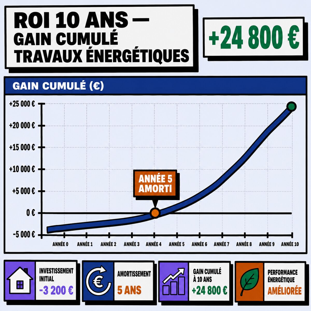 Pilier 2 ROI 10 ans — projection économies énergétiques INSEE avec inflation et amortissement année 5 sur travaux rénovation