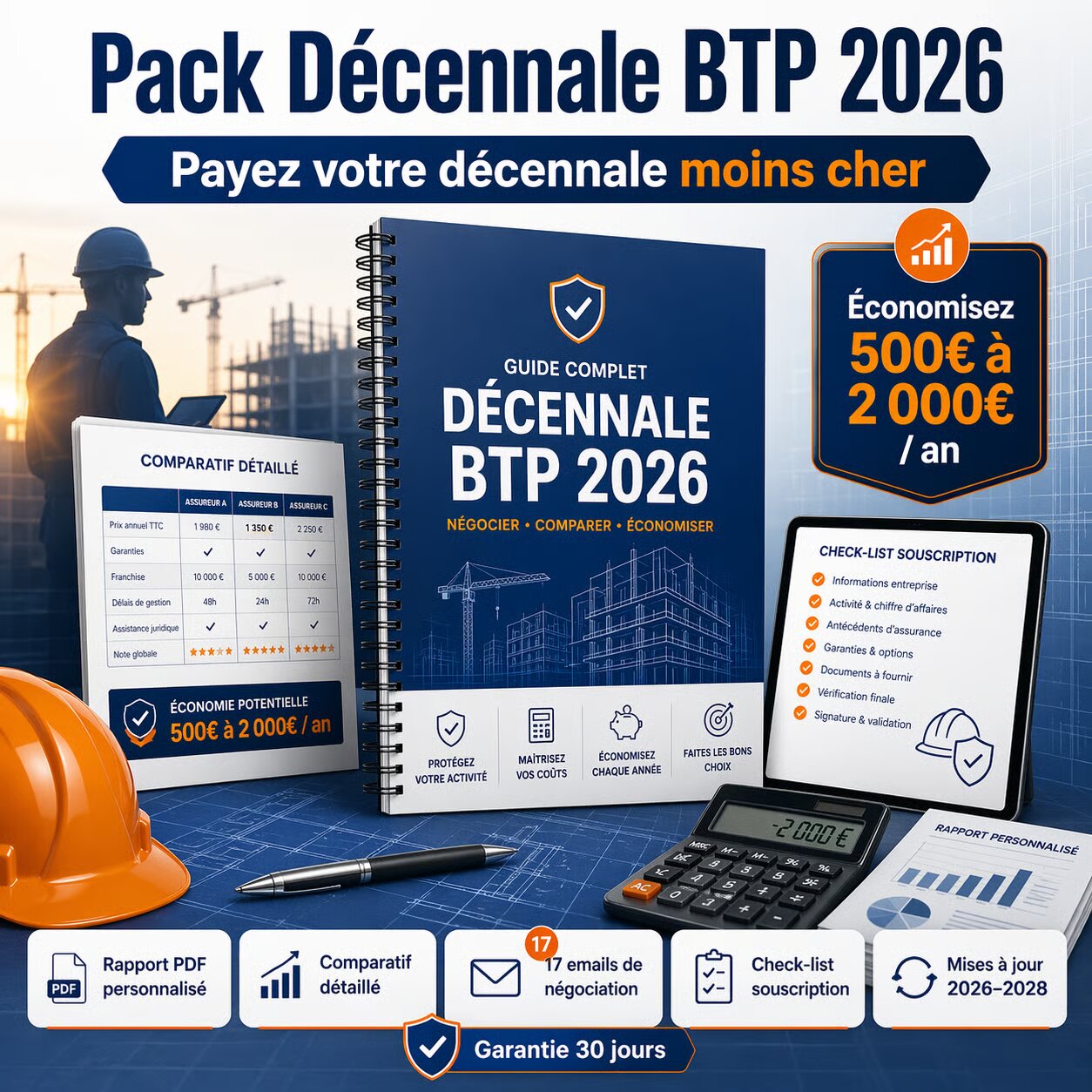 Pack Décennale BTP 2026 — Guide complet 48 pages pour économiser 500 à 2 000 €/an sur votre prime d'assurance décennale BTP