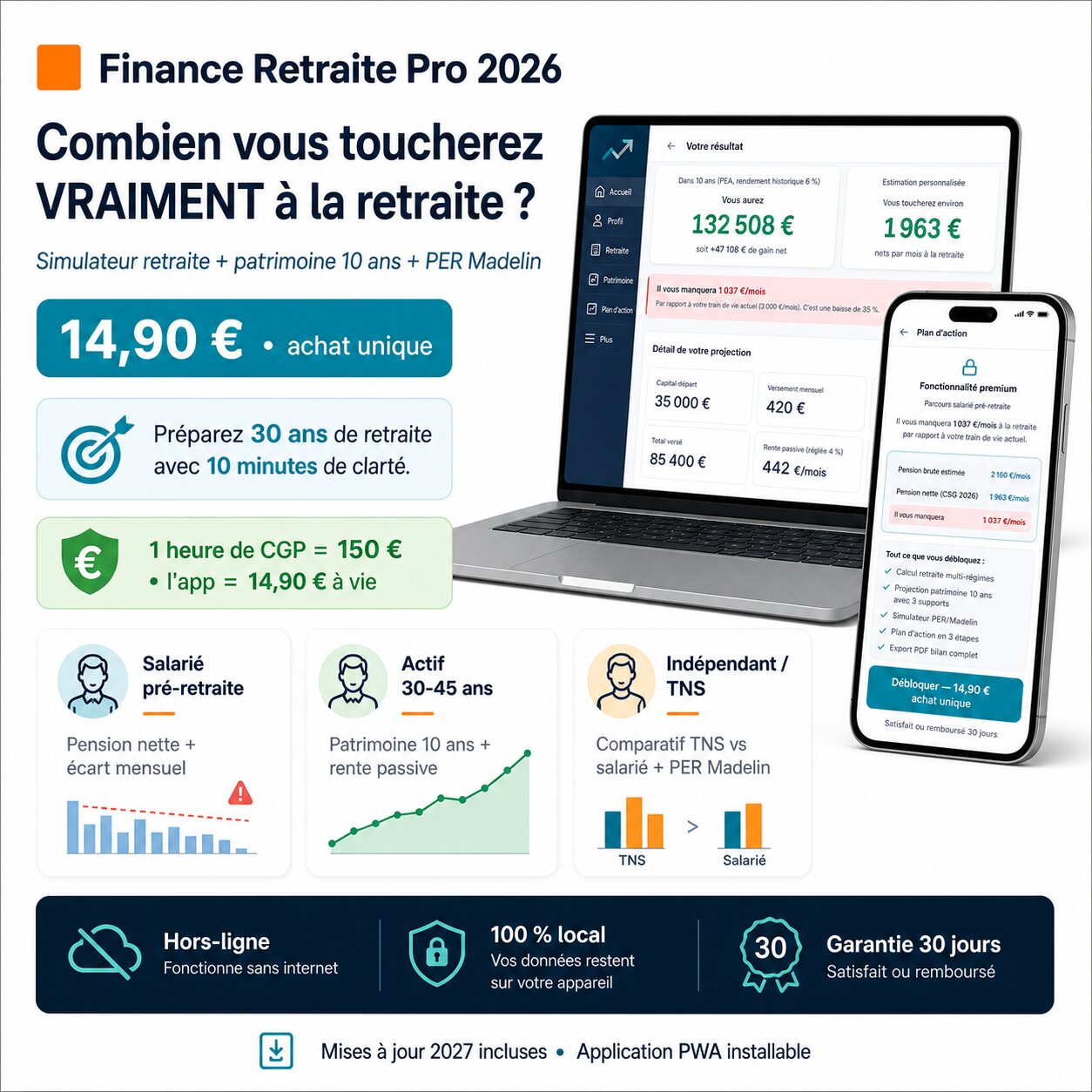Pack Retraite Pro 2026 — couverture officielle, PWA simulateur retraite multi-régimes + 4 assets, auteur Mehdi Kabbaj fiscaliste