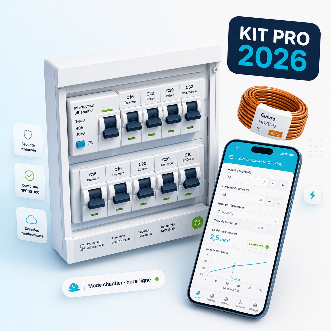 Kit Électricien NFC 15-100 2026 — PWA Pro pour calcul section câble cuivre, conformité installation, export PDF Consuel hors-ligne chantier