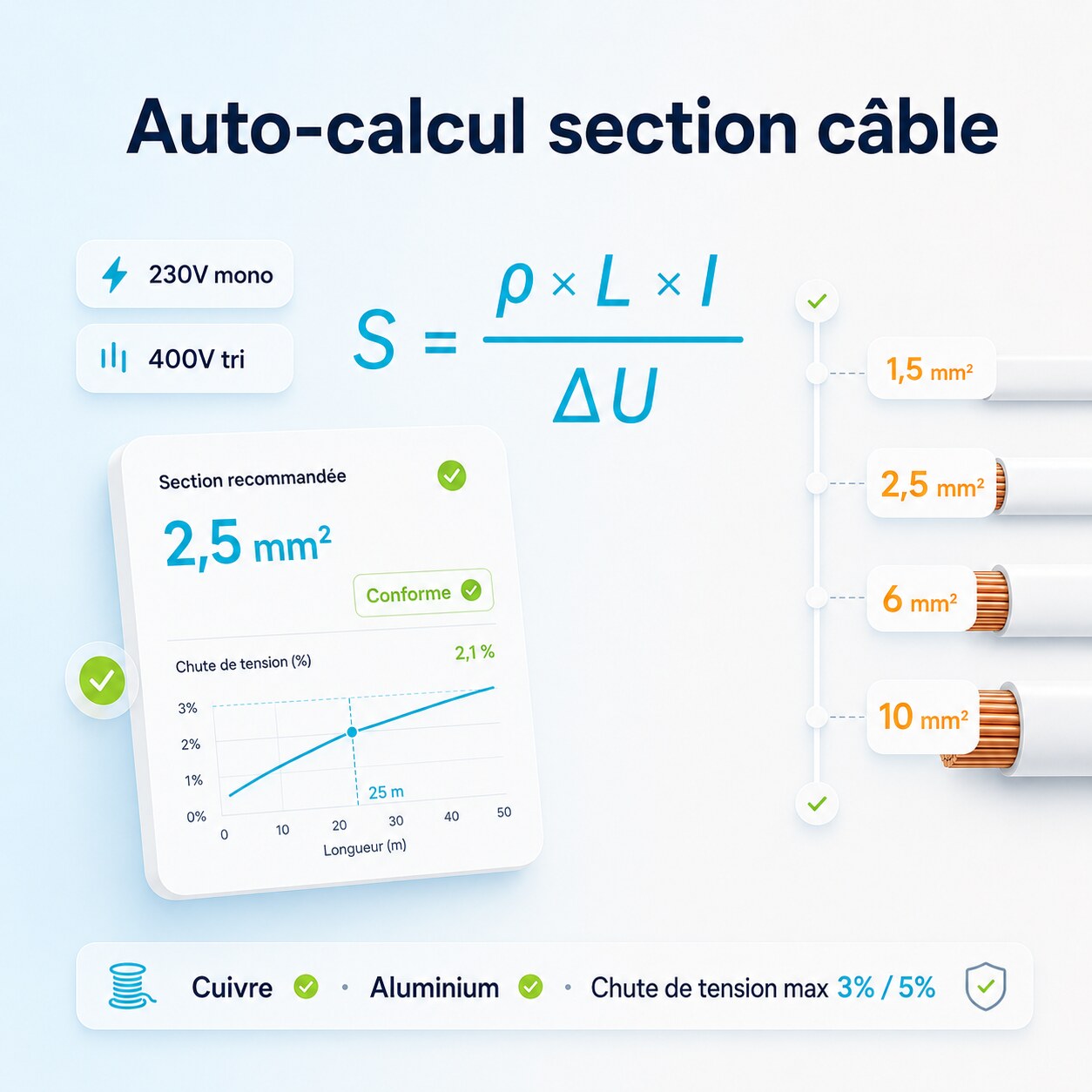 Auto-calcul section câble cuivre et aluminium NFC 15-100 — formules résistivité chute de tension max 3 % éclairage 5 % autres, mono 230V tri 400V