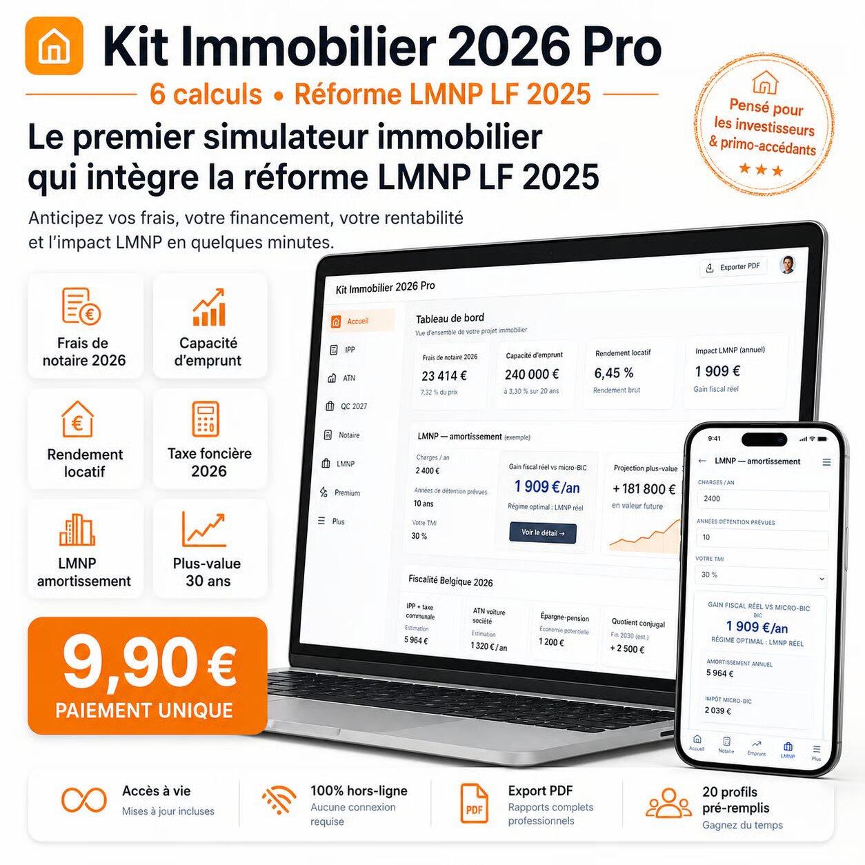 Kit Immobilier 2026 — PWA avec 6 modules de calcul immobilier conforme barèmes 2026 et réforme LMNP LF 2025