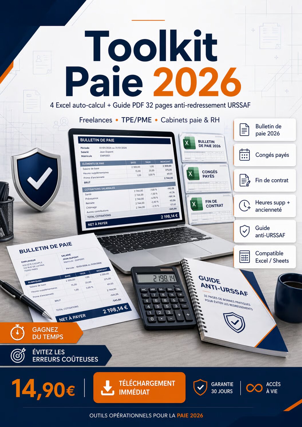 Kit Paie RH 2026 — Pack 4 Excel et Guide Anti-URSSAF 17 pages pour la gestion de paie des TPE, conforme barèmes 2026