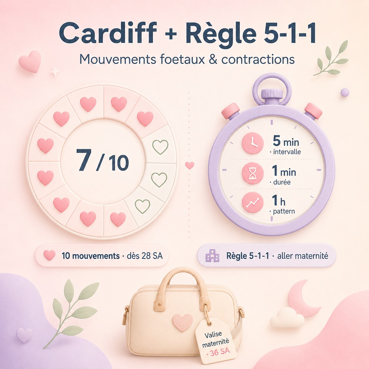 Compteur mouvements foetaux méthode Cardiff 28 SA 10 mouvements + timer contractions règle 5-1-1 valise maternité checklist