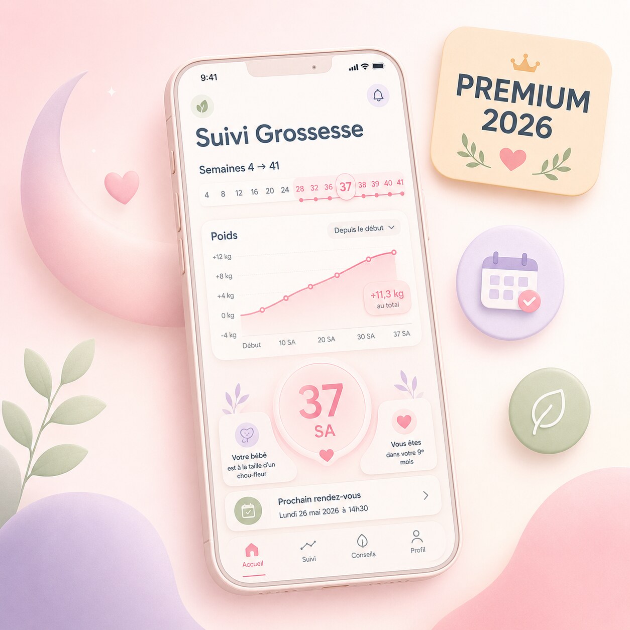 Suivi Grossesse Premium 2026 — PWA calcul DPA méthode CNGOF, courbe hCG, corridor poids IOM, mouvements Cardiff, contractions 5-1-1 hors-ligne sans abonnement